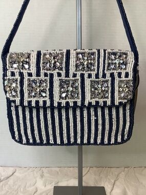 NWT Studio 12 blue white Beaded shoulder bag evening handcrafted